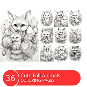 Cute Fall Animals Coloring Book for Adults and Kids, Grayscale Coloring Pages, Instant Download, Printable PDF File