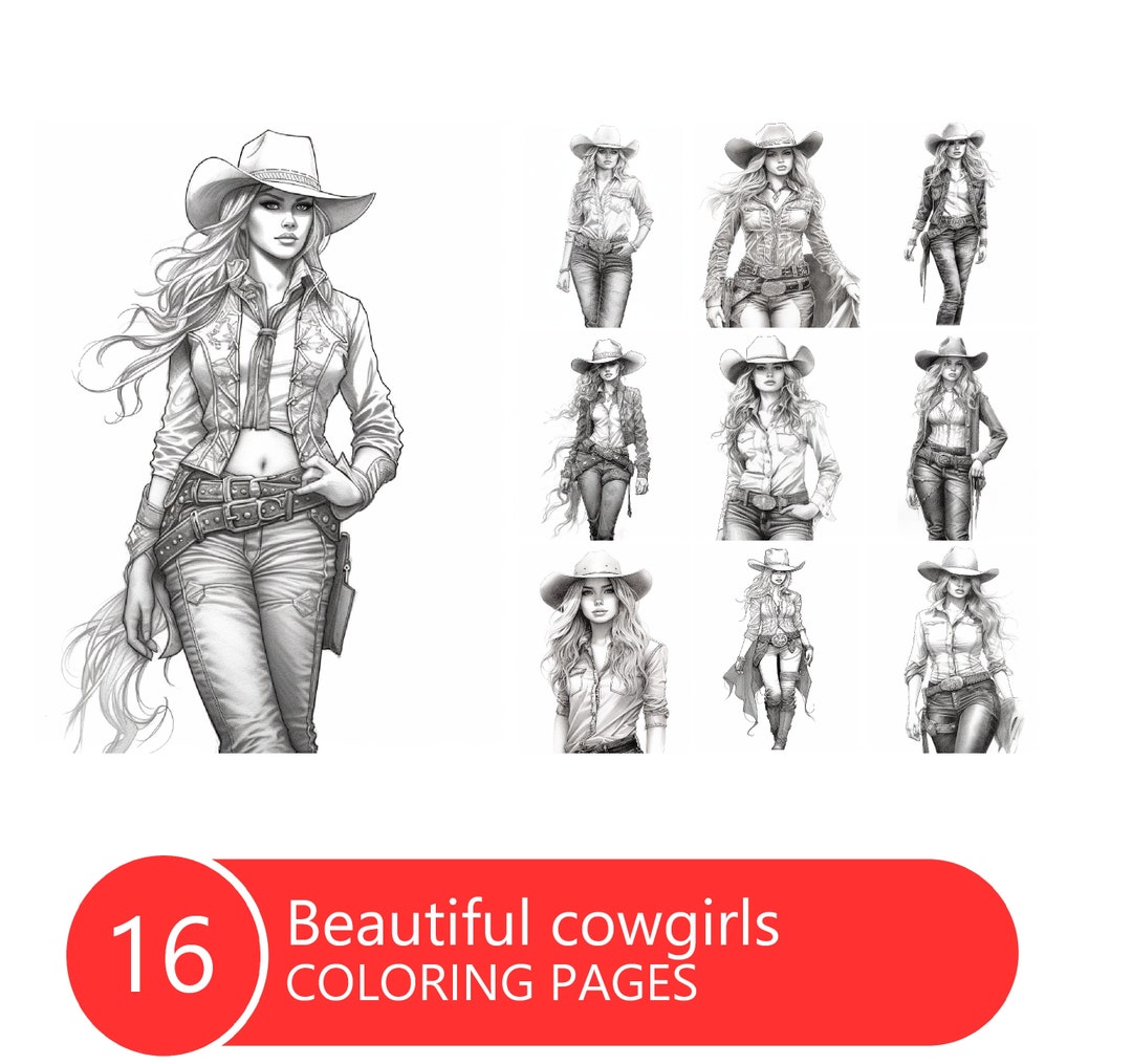 Beautiful Cowgirls Coloring Book for Adults and Kids, Grayscale