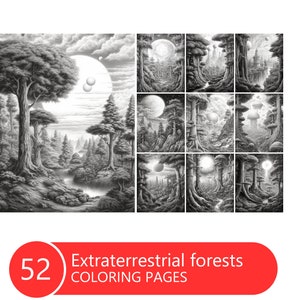 May include: A set of 52 colouring pages featuring extraterrestrial forests. Each page depicts a unique forest scene with fantastical trees, glowing moons, and otherworldly details.