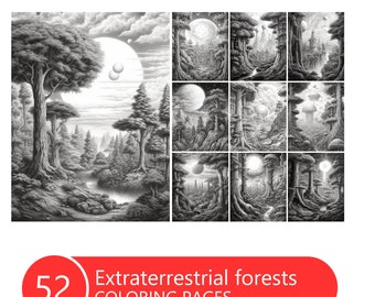 Puede incluir: Un conjunto de 52 páginas para colorear que representan bosques extraterrestres. Cada página representa una escena de bosque única con árboles fantásticos, lunas brillantes y detalles de otro mundo.