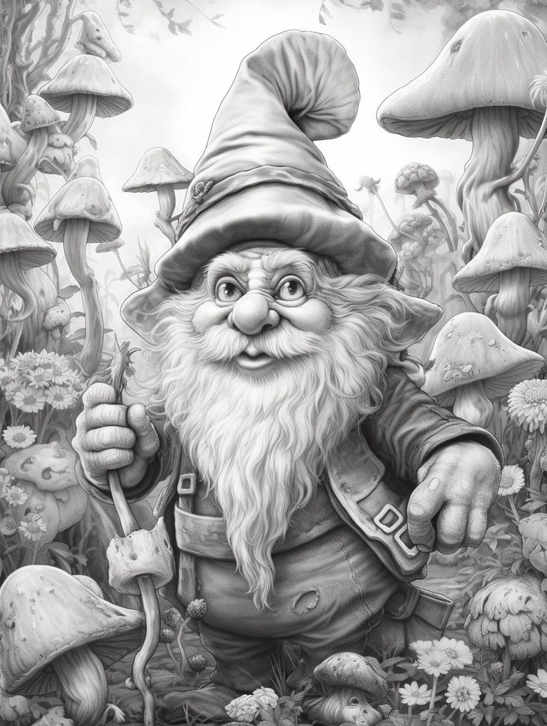 Cute Gnomes in the garden Coloring Book for Adults and Kids, Grayscale Coloring Pages, Instant Download, Printable PDF File image 2