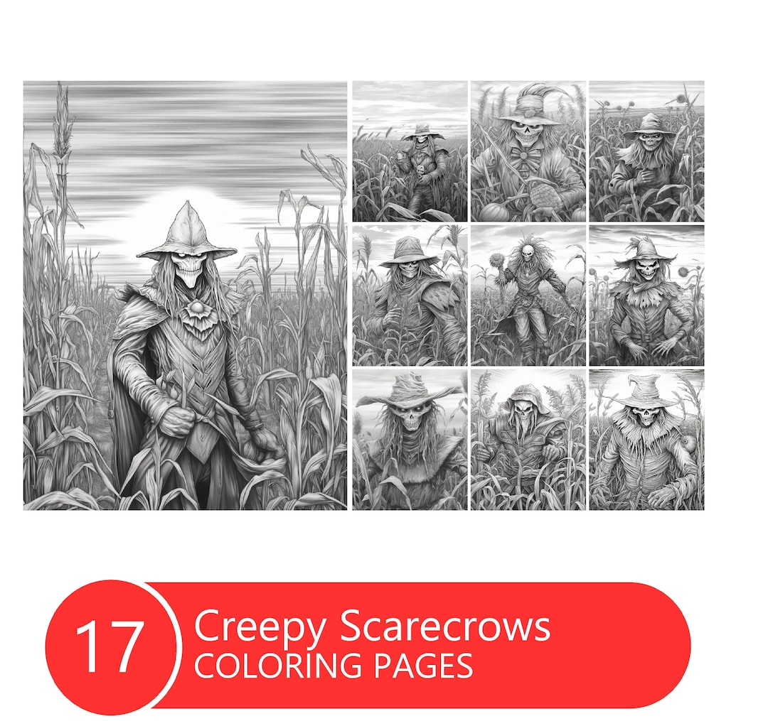 Creepy Scarecrows Coloring Book for Adults and Kids, Grayscale Coloring
