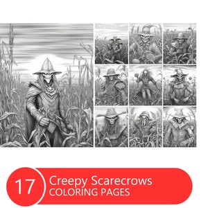 Creepy Scarecrows Coloring Book for Adults and Kids, Grayscale Coloring Pages, Instant Download, Printable PDF File