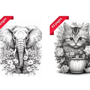 Cute Animals Grayscale Coloring Pages, Set of 2 Adult Coloring Pages, Printable Download Grayscale Illustration Coloring Book
