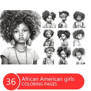 Cute African American Girls Coloring Book for Adults and Kids, Grayscale Coloring Pages, Instant Download, Printable PDF File