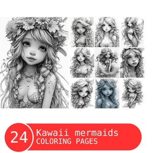 Kawaii Mermaids Coloring Book: 24 Grayscale Pages (Printable PDF)