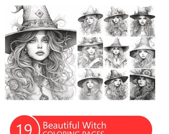 Witch Coloring Book: Grayscale Illustrations (Printable PDF File)