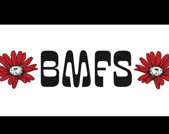 May include: Black and white graphic design with the text "BMFS" in a bold, stylized font. Two red flowers with white centers are on either side of the text.