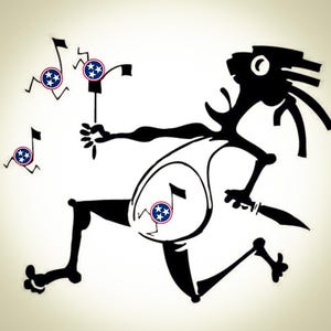 Puede incluir: Ilustración en blanco y negro de un palo de figura bailando con una nota musical y una bandera de Tennessee en cada mano. La figura de palo lleva una camisa blanca con una nota musical y una bandera de Tennessee.