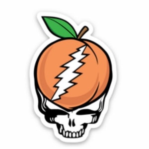 May include: A sticker featuring a peach with a lightning bolt design, resembling the Grateful Dead's iconic skull and roses logo.