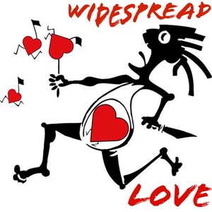 Puede incluir: Gráfico en blanco y negro con las palabras "WIDESPREAD LOVE" en rojo. La imagen presenta una figura corriendo con un corazón en el pecho, sosteniendo un objeto en forma de corazón y notas musicales con corazones.