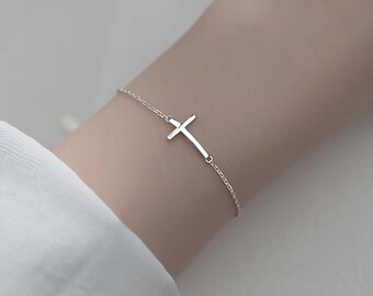 925 Silver Cross Bracelet | Dainty Crucifix Pendant Bracelet | Tiny Sideways Cross Bracelet