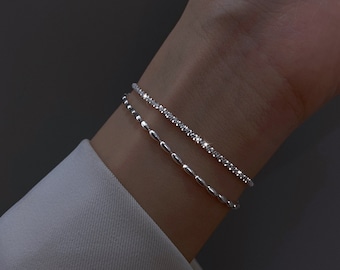 Sterling Silver Double Chain Bracelet | Rice Bead Bracelet | Two Way Bracelet | Sparkly Bracelet | Dainty Bracelet | Two Layer Bracelet