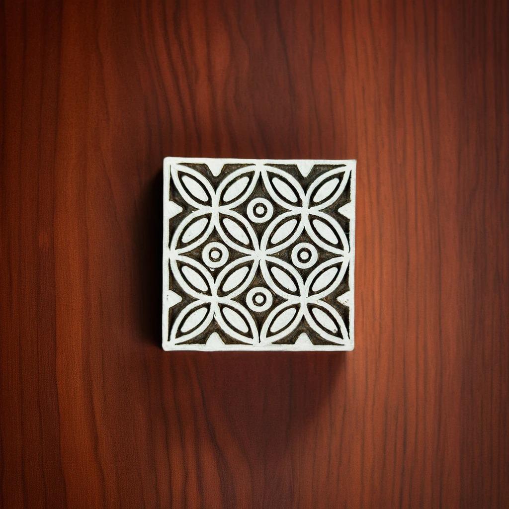 Hand Carved Indian Wood Block Stamp, Floral Tile (5cm)
