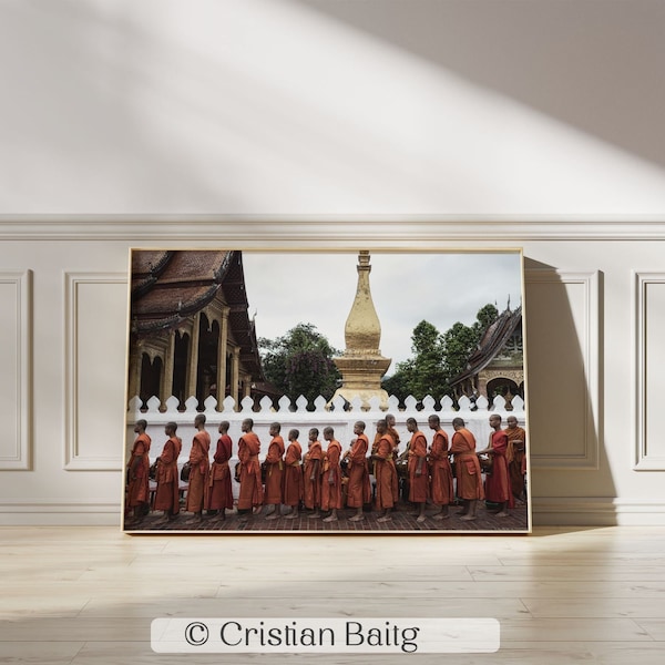 Luang Prabang buddhist monks during the alms giving ceremony Laos. Fine art print. Photo wall art poster