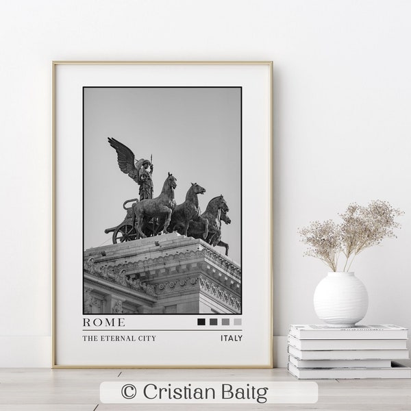 Rome the eternal city Italy. Quadriga della Liberta Paolo Bartolini Altare della Patria in Rome. Black and white fine art print