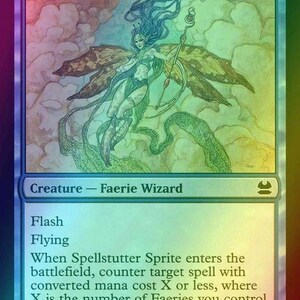May include: A holographic Magic: The Gathering trading card titled Spellstutter Sprite. The card features a blue border, a faerie wizard illustration, and text detailing the creature's abilities, power, and toughness of 1/1.
