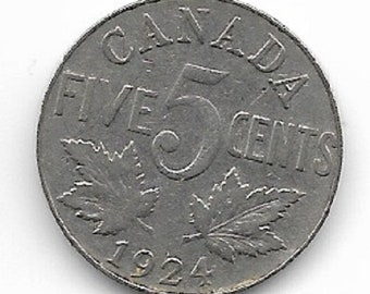1924 CANADIAN NICKEL; Five Cent Coin; King George V; Vintage Nickel Coin; Maple Leaves