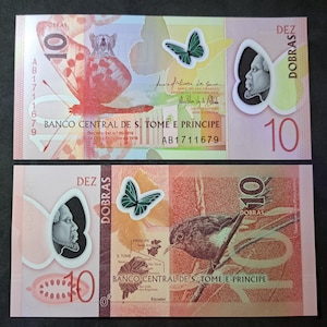 SAINT THOMAS & PRiNCE 10 Dobras Banknote; P-71, Unc from 2016; Polymer Banknote! Featuring Butterfly Motifs