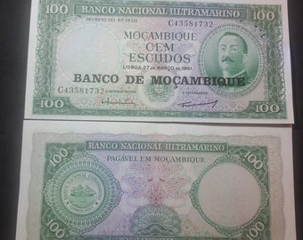 MOSAMBIK 100 Escudos Banknote, P-117; Stempelglanz von 1976; große Note; zeigt ein Porträt von Aide Ornelas