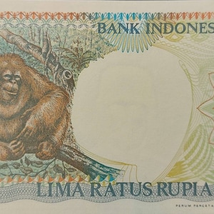 May include: A 500 Rupiah Indonesian banknote featuring an orangutan in a jungle setting. The banknote is dated 1992 and has the text "BANK INDONESIA" and "LIMA RATUS RUPIAH" printed on it.