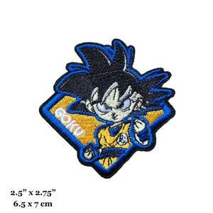 May include: A blue and yellow embroidered iron-on patch featuring a cartoon image of Goku from Dragon Ball Z. The patch is 2.5 inches by 2.75 inches and says "Goku" in a blue font.