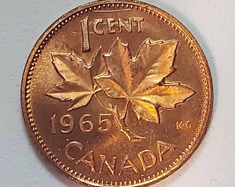 1965 Canadian Penny ~ Brilliantly UNCIRCULATED (BU) One Cent Coin; Queen Elizabeth II; Copper Penny