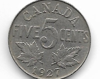1927 CANADIAN NICKEL; Five Cent Coin; King George V; Vintage Nickel Coin; Maple Leaves