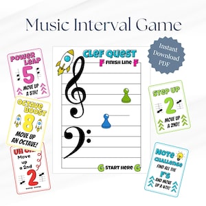 Peut inclure: Un jeu d'intervalles musicaux avec une clé de sol et une clé de fa, un plateau de jeu et des cartes. Le plateau de jeu présente une portée musicale avec des pions. Les cartes comprennent des instructions telles que "Montez d'une 5ème !" et "Trouvez tous les F et montez d'une 4ème !" Le jeu est un téléchargement PDF instantané.