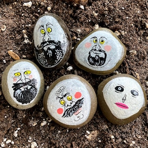 Set of Painted Rocks with Funny Faces | Silly Characters Hand-Painted on Stones | Fun and Original Art on Pebbles | Set of 5