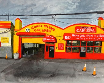 Impression d'art de lavage de voiture de Coney Island | Scène de rue emblématique de Brooklyn