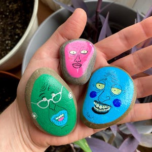 Set of Painted Rocks with Funny Faces | Silly Characters Hand-Painted on Stones | Fun and Original Art on Pebbles | Set of 4