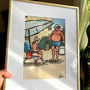 Watercolor Painting of Old Couple on the Beach | Humorous Original Art | Unframed