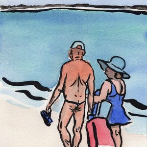 Vecchio in perizoma sulla spiaggia, stampa giclée / Arte umoristica ad acquerello / Illustrazione di una coppia di Brooklyn in costume da bagno / Arte di Coney Island