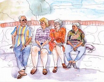 Aquarelle de personnes en Italie | Impression d'art d'un groupe de personnes âgées | Des oeuvres d'art uniques pour la maison