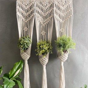 May include: A white macrame wall hanging with three plant pockets. The hanging is made of cotton cord and has a natural wood dowel at the top. The plant pockets are filled with small green plants.
