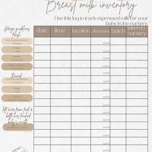 May include: A printable chart with a brown background and black grid lines. The chart is titled "Breast milk inventory" and includes columns for date, time, location, amount, batch, and taken to nursery. The chart is designed to help track expressed breast milk for a baby.