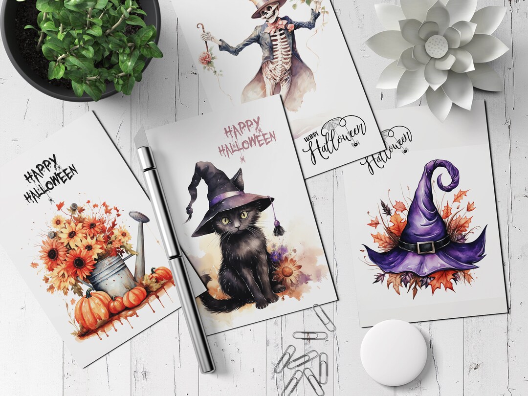 Postcard Set (27 Cards) Halloween Watercolour İllustration Flower Cat ...