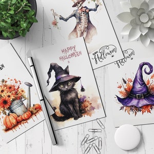 Conjunto de cartões postais (27 cartões) Ilustração em aquarela de Halloween Flor Gato Chapéu de abóbora A bruxa NT - 001