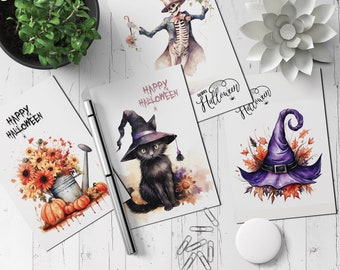 Postcard Set (27 Cards) Halloween Watercolour İllustration Flower Cat Pumpkin Hat The Witch NT – 001