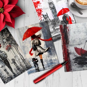 Postkarten Set (18 Karten) Red Umbrella NY - 058 Rain, Red, Umbrella, Woman, City, Love