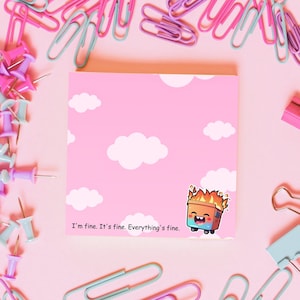 Dumpster Fire, Cartoon, Kawaii Art, Met mij gaat het goed, 4"x4", Wolken, Sticky Notes, Briefpapier, Leuk, Gelukkig, Roze, Wit, Schattig, Post-it® Notitieblokken