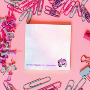 Wolken, afvalcontainerbrand, alles gaat goed met mij. Plakbriefjes, 4"x4", Dromerig, Briefpapier, Cartoon, Kawaii Kunst, Gelukkig, Schattig, Roze, Paars Blauw, Post-it® Not