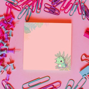 Pink, Plants, Dino, Kawaii Art, Dinosaur, Cute, 4&quot;x4&quot;, Sticky Notes, Stationery, Office, Home Office, Office Must Have, Notes, Post-it Notes