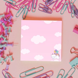 Cartoon, Kawaii kunst, kat, wolken, 4"x4", kleverige nota's, briefpapier, leuk, gelukkig, roze, wit, kleverige nota's, cadeau schattig, post-it notities