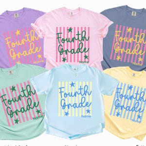 May include: Six short-sleeved t-shirts in violet, blossom, blue jean, island reef, chambray, and butter colors. Each shirt features a vertical striped square background with the text Fourth Grade and Name, accented by four small stars.
