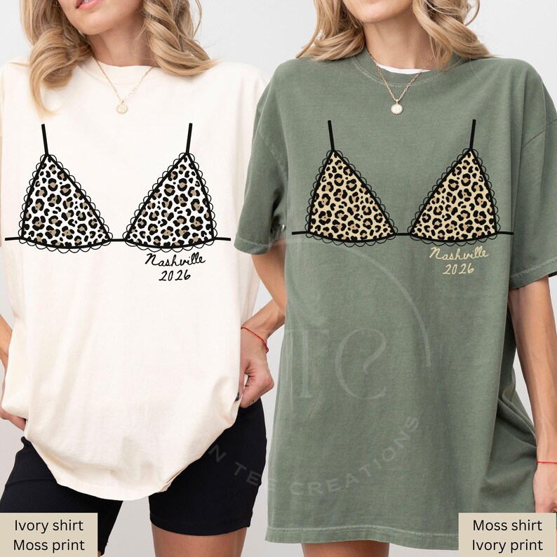 Custom Leopard Bikini Bachelorette Shirt, Nashville Bach Party Shirt, Bride Squad Trip Tee, Personalized Comfort Colors Girls Trip Tee Moss