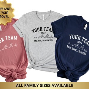 May include: Three t-shirts in different colors with a graphic of a triathlon silhouette and the text "YOUR TEAM" with the race name and location. The t-shirts are available in all family sizes.
