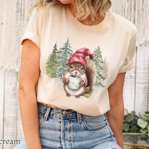 Christmas Squirrel Shirt, Cute Animal Tshirt, Gift for Animal Lover, Funny Glasses Squirrel T-shirt, Gift for Coffee Lover, Holiday Xmas Tee