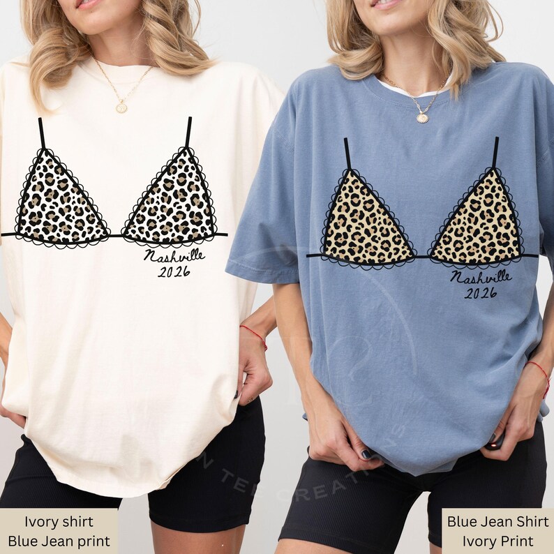 Custom Leopard Bikini Bachelorette Shirt, Nashville Bach Party Shirt, Bride Squad Trip Tee, Personalized Comfort Colors Girls Trip Tee Blue Jean